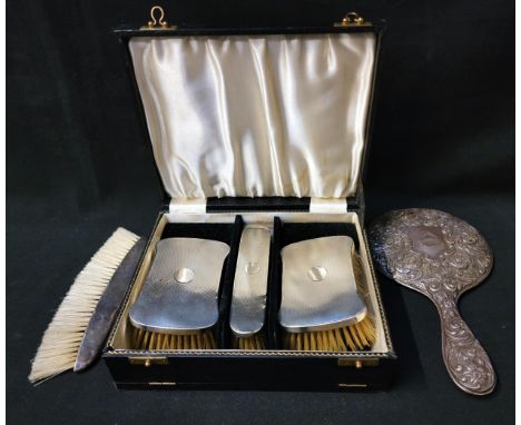 GENTLEMAN'S CASED SILVER BRUSH SET the three brushes all with engine turned decoration to the backs, Birmingham hallmarks for