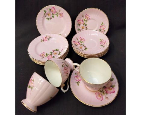 ROYAL GRAFTON TEASETdecorated with flowers on a light pink ground, comprising six cups, saucers and side plates (18)