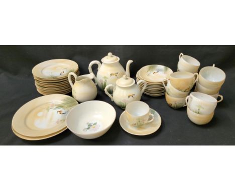JAPANESE HANDPAINTED EGGSHELL TEA SETpainted with scenes of birds in water with reeds, comprising teapot, sugar bowl with lid