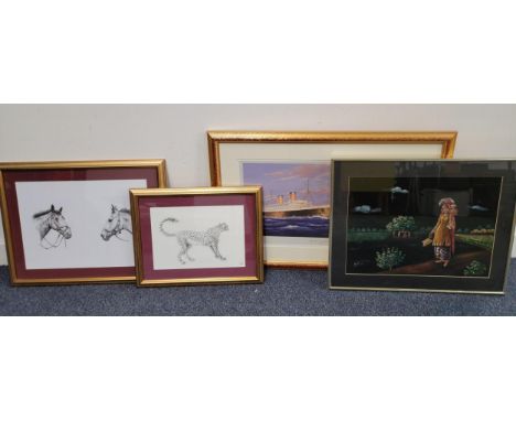 SELECTION OF PICTURES AND PRINTScomprising A W Aird - a pencil study of a cheetah and a pen and ink study of horses heads; to