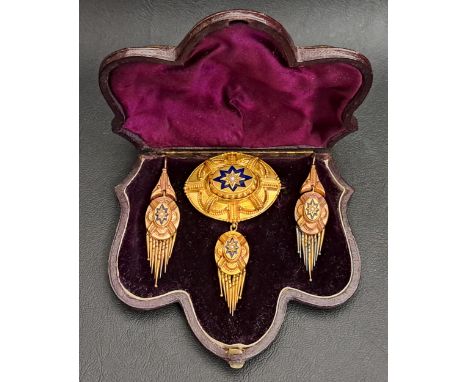 IMPRESSIVE VICTORIAN ENAMEL AND SEED PEARL SET SUITE OF JEWELLERYcomprising a brooch/pendant and a pair of earrings, all in u