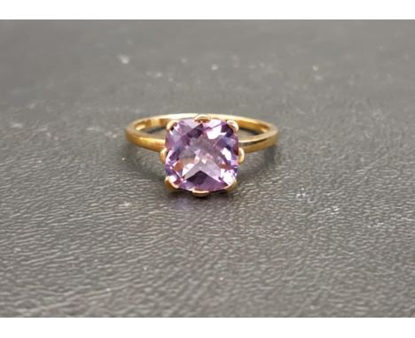 AMETHYST SINGLE STONE RING the checkerboard cut amethyst measuring approximately 8.8 x 8.8 x 5.6mm, on nine carat gold shank,