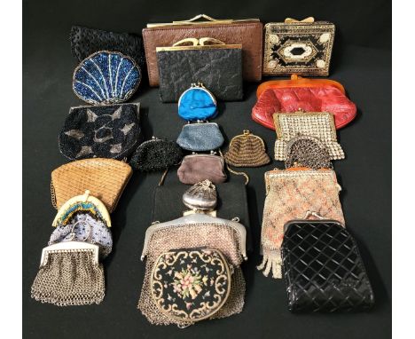 SELECTION OF VINTAGE PURSESincluding mesh examples (one with enamel decorated cantle), beaded purses and a very small white m