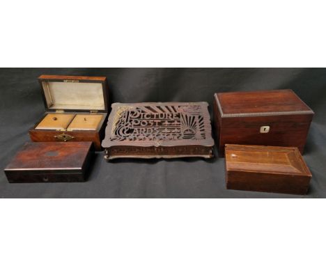 SELECTION OF WOODEN BOXEScomprising an Art Nouveau style box with pierced sloping lid reading 'Picture Post Cards' and with f