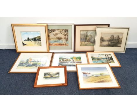NINE ASSORTED WATERCOLOURSincluding Amanda Hunter, 'Waterside scene' signed and labelled verso, watercolour on paper,12 x 20c