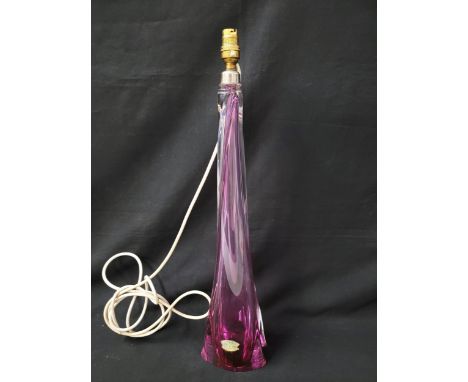 VAL SAINT LAMBERT BELGIAN CRYSTAL GLASS LAMP BASEthe cased amethyst glass of tapering twist design, 56cm high (excluding fitt