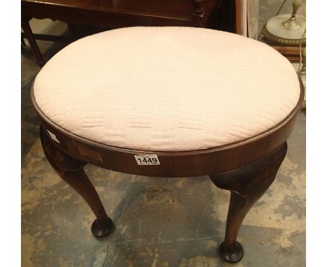 Vintage upholstered walnut oval dressing table stool. Not available for in-house P&amp;P, contact Paul O'Hea at Mailboxes on 