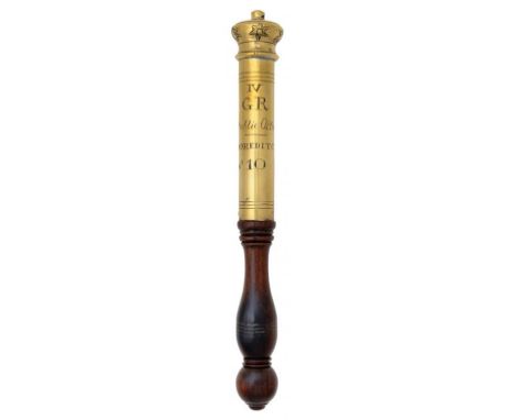 A GEORGE IV BRASS TIPSTAFF  the crown shaped finial decorated with stars, engraved GIVR Public Office  SHOREDITCH No 10, turn