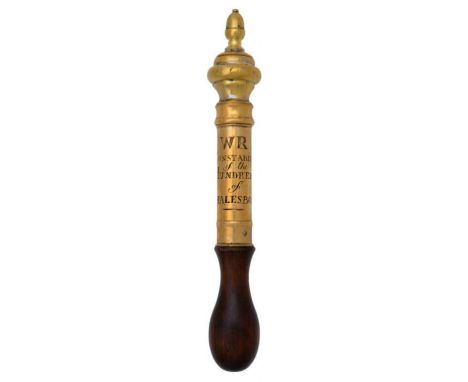 A WILLIAM IV BRASS TIPSTAFF  with acorn knop to the ogee finial, engraved W R CONSTABLE of the HUNDRED of WHALESBONE [Sussex]