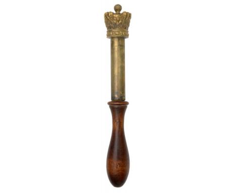 A VICTORIAN BRASS TIPSTAFF  with crown finial, plain brass shank and turned wood handle, 23cm  ++In satisfactory condition 