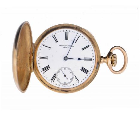 A PATEK PHILIPPE & CO 18CT GOLD HUNTING CASED KEYLESS LEVER WATCH   movement 91871/268C ('C' reversed) engraved with armorial