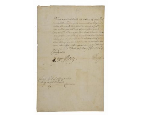 SAMUEL PEPYS  (1633-1703)AUTOGRAPH WARRANT SIGNED BY PEPYS SIR WILLIAM PENN [FATHER OF THE FOUNDER OF PENNSYLVANIA AND VICE A