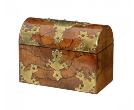 A VICTORIAN GILT BRASS MOUNTED WALNUT  TEA CADDY, C1870  applied with strapwork, the divided interior retaining the pair of d