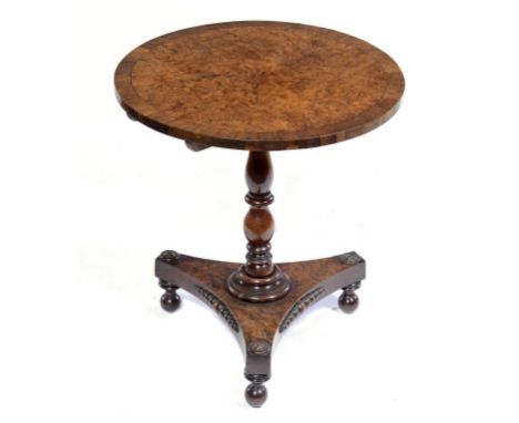 A GEORGE IV YEW WOOD, BURR  MAPLE AND ROSEWOOD  TRIPOD TABLE, C1830 60cm h, 36cm diam ++In good condition, the top and lock o