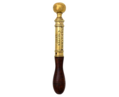 A GEORGE III BRASS TIPSTAFF, DATED 1820  with ball finial, engraved lengthways POLICE OFFICE CHESTER 1820, baluster turned wo