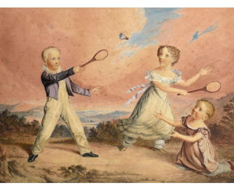 ATTRIBUTED TO HENRY TRAVIS OF LIVERPOOL (B. C1832)  CHILDREN PLAYING BATTLEDORE  watercolour, 26 x 35cm ++A watercolour of co