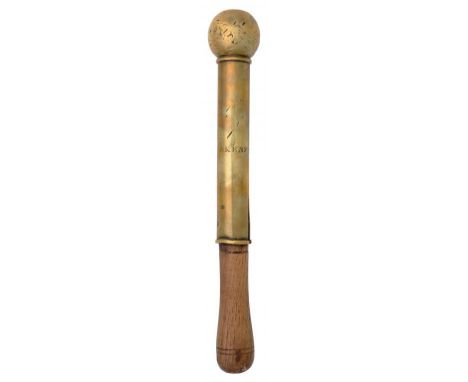 A BRASS TIPSTAFF, EARLY 19TH C  with solid ball finial, engraved Skenfrith [Monmouthshire], turned wood handle, 28.5cm ++Ball
