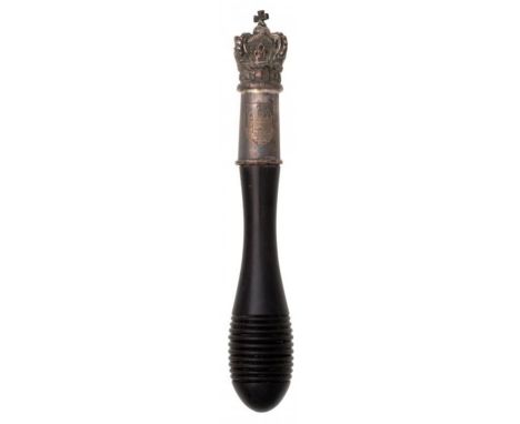 A SCOTTISH VICTORIAN SILVER MOUNTED EBONY TIPSTAFF with turned, ribbed baluster handle, the silver mount with crown finial an