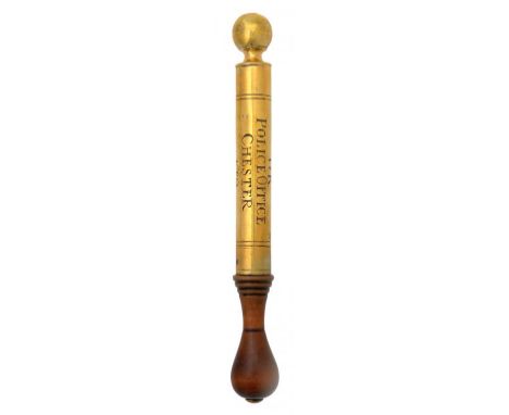 A GEORGE III BRASS TIPSTAFF  with ball finial, engraved lengthways GIIIR POLICE OFFICE CHESTER  No 2,  baluster turned lightw