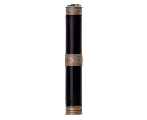 A SCOTTISH VICTORIAN SILVER MOUNTED EBONY TIPSTAFF  one slightly domed terminal applied with crown and VR, the opposing flat 