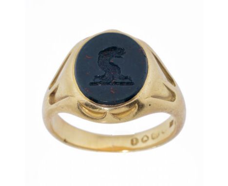 A VICTORIAN 18CT GOLD SIGNET RING  with heliotrope crest intaglio, London 1864, 10.6g, size R ++Fine condition with slight we