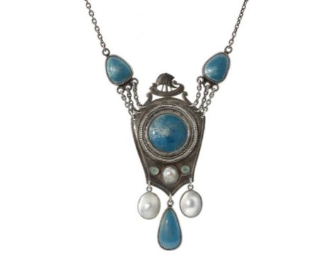 A BRITISH ARTS & CRAFTS CHRYSOPRASE, NATURAL PEARL, SILVER AND TRANSLUCENT ENAMEL NECKLACE, C1905 surmounted by a viking long