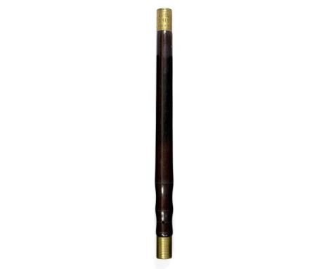 A GEORGE III BRASS MOUNTED PADOUK TRUNCHEON, DATED 1812 with shaped handle, the mount engraved G*R 1812 G*BROWN.    ring turn