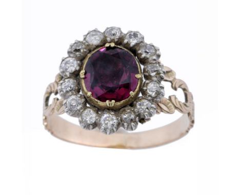 A GEORGIAN SPINEL AND DIAMOND CLUSTER RING, LATE 18TH C  in gold with pierced shoulders and reeded shank, 3g, size K ++A very