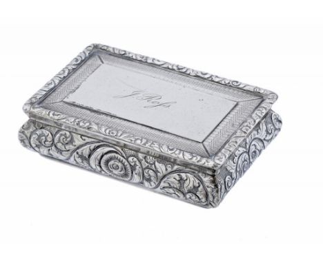 A GEORGE IV SILVER SNUFF BOX the bombé sides chased with scrolling foliage, the lid engraved J Rofs,  8.5cm w, by Nathaniel M