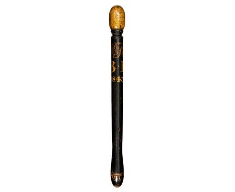 A VICTORIAN PAINTED WOOD TRUNCHEON, DATED 1843 with ovoid finial, painted in gold with VR cipher  and BP [Bloxsham Police, Ox