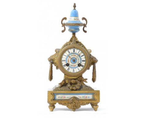 A FRENCH GILTMETAL AND SEVRES STYLE PORCELAIN MOUNTED MANTLE CLOCK, C1880  the movement striking on a bell, 36cm h ++Encruste