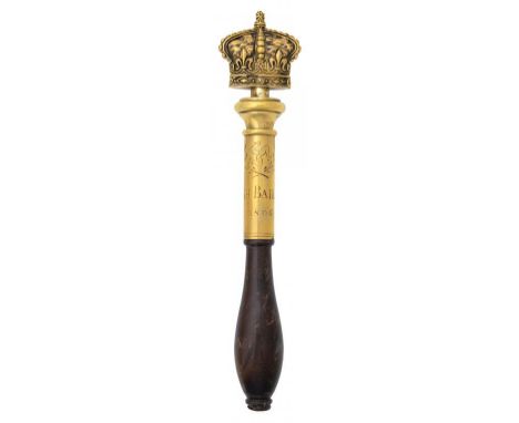 A GEORGE III ISLE OF MAN BRASS TIPSTAFF, DATED 1806  with crown finial and engraved with triskelion emblem between palms and 