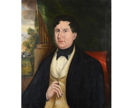 ENGLISH NAIVE ARTIST, 19TH CENTURY PORTRAIT OF A GENTLEMAN  bust length in a black coat before green drapery and a column, a 