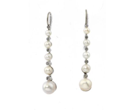 A PAIR OF NATURAL PEARL AND DIAMOND DROP EARRINGS  4.9g ++Both in fine condition