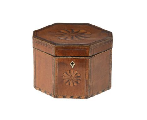 A GEORGE III SATINWOOD AND INLAID TEA CADDY, C1790  the interior with mahogany cover and brass knob, zinc lined, 12cm h ++In 