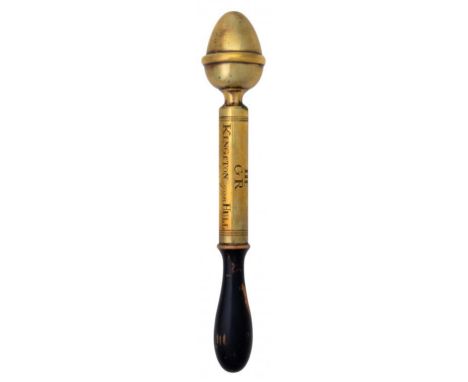 A GEORGE III BRASS TIPSTAFF  with acorn finial, engraved lengthways GIIIR KINGSTON upon HULL N4,  ebonised baluster turned wo