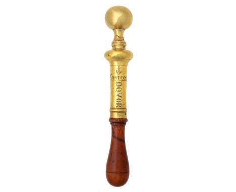 A GEORGE III BRASS TIPSTAFF  the ball finial, engraved with fouled anchor device and CUSTOMS DOVOR, turned baluster wood hand