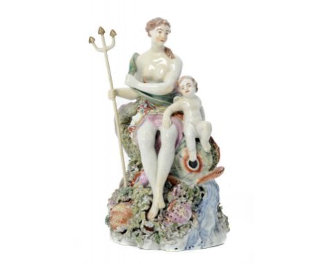 A DERBY GROUP OF VENUS AND CUPID SEATED UPON A DOLPHIN, C1780 the high domed base encrusted with a profusion of seashells and