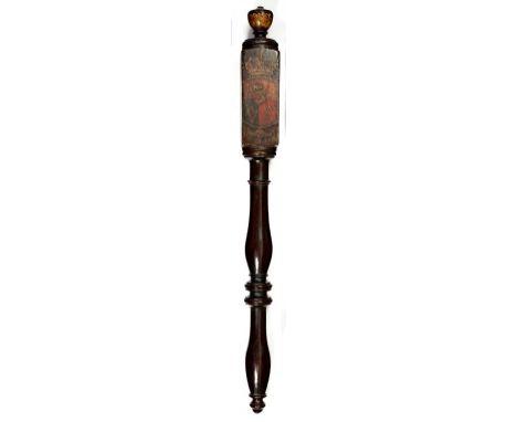 A RARE GEORGE III PAINTED PADOUK SQUARE HEADED TRUNCHEON, DATED 1805   with turned vase shaped finial and double baluster han