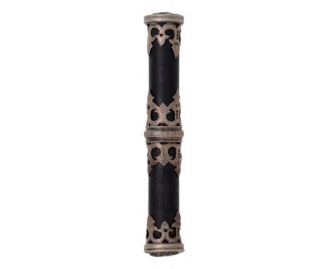 A SCOTTISH GEORGE V SILVER MOUNTED EBONY TIPSTAFF the finials  with pierced cut card mounts, embossed with crown, GR,   motto