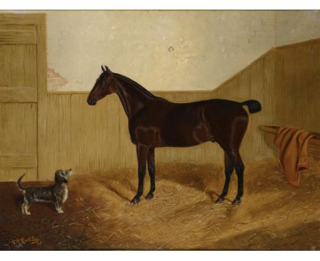ALFRED A PARTRIDGE (FL 19TH CENTURY) PORTRAIT OF A HORSE AND A DOG IN A LOOSE BOX  signed and dated '85, oil on canvas, 44.5 