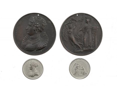 MEDALLION.   CAROLINE, TRIAL OF QUEEN CAROLINE, 1820   by A D, BHM 1026 Triumps upon Calumny, copper 82mm, 176gm, holed, Very