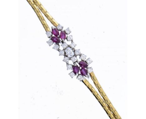 A RUBY, DIAMOND AND GOLD BRACELET, C1980  marked 750, 12.9g  ++As new
