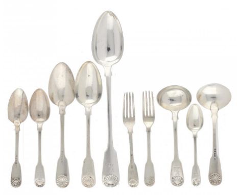 A GEORGE IV SILVER TABLE SERVICE  Fiddle and Shell pattern, doubly struck, crested, by William Chawner, London 1824 and two t