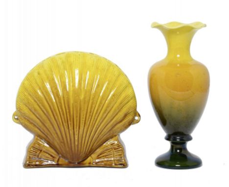 A WILLIAM AULT & CO MAJOLICA SHELL VASE DESIGNED BY DR CHRISTOPHER DRESSER, 1892-1900  15.5cm  h, moulded mark and a Bretby m
