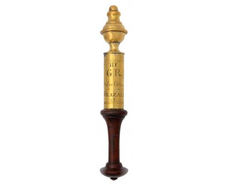 A GEORGE III BRASS TIPSTAFF  with urn finial,  engraved GIIIR Police Office  Wraxall [Somerset] 5, spool turned mahogany hand