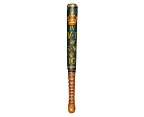 A WILLIAM IV PAINTED WOOD TRUNCHEON  painted in gold and red with crown, IV W-R S-W [? Special Watch] and 10 between rosettes