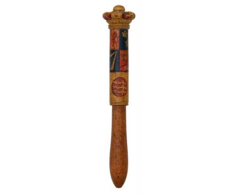 AN ENGLISH CARVED AND PAINTED LIGHT WOOD TIPSTAFF  with crown finial, painted with the 1816-37 royal arms of the United Kingd