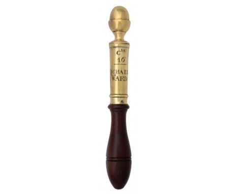 A BRASS TIPSTAFF, LATE 18TH/EARLY 19TH C with acorn finial, engraved CLE [Constable] 16/ST MICHAEL'S WARD [Bristol]  baluster
