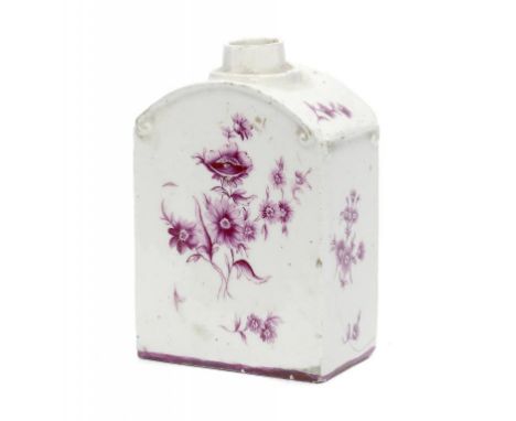 A GERMAN PORCELAIN TEA CADDY, C1770 painted in puce monochrome with loose bouquets, 10cm h ++Crack and several small chips, n